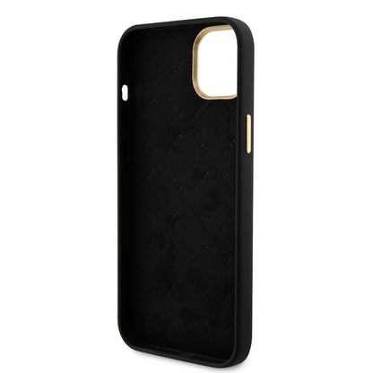 iPhone 15 Kılıf Guess Orijinal Lisanslı Yazı ve Taşlı 4G Logolu Metal Kamera Çerçeveli Silikon Kılıf