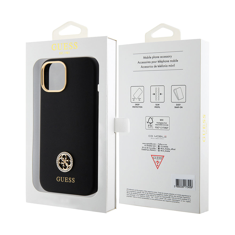 iPhone 15 Kılıf Guess Orijinal Lisanslı Yazı ve Taşlı 4G Logolu Metal Kamera Çerçeveli Silikon Kılıf