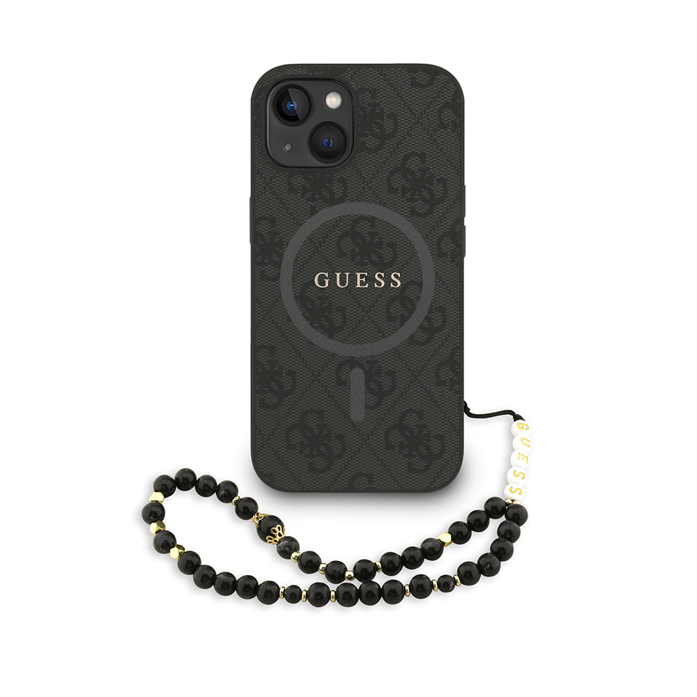 iPhone 15 Kılıf Guess orijinal Lisanslı M-safe Şarj Özellikli PU Deri Bilek Askı İpli Yazı Logolu Kılıf