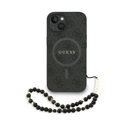iPhone 15 Kılıf Guess orijinal Lisanslı M-safe Şarj Özellikli PU Deri Bilek Askı İpli Yazı Logolu Kılıf