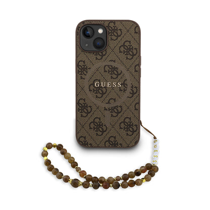 iPhone 15 Kılıf Guess orijinal Lisanslı M-safe Şarj Özellikli PU Deri Bilek Askı İpli Yazı Logolu Kılıf