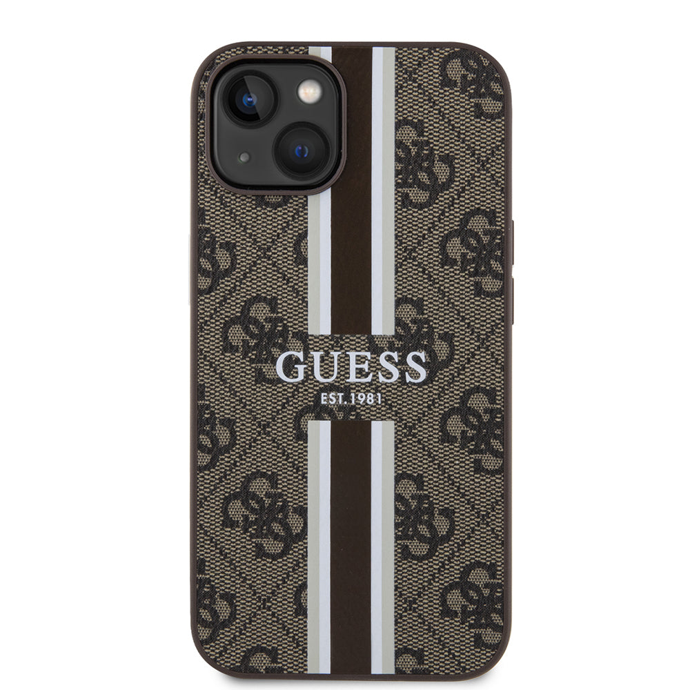 iPhone 15 Kılıf Guess orijinal Lisanslı M-safe Şarj Özellikli 4G Şerit Tasarımlı Printed Kılıf