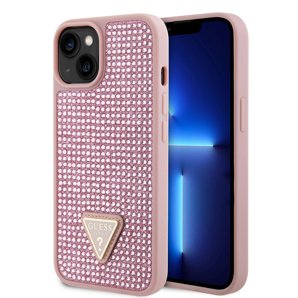 iPhone 15 Kılıf Guess orijinal Lisanslı Taşlı Arka Yüzey Üçgen Logolu Kılıf