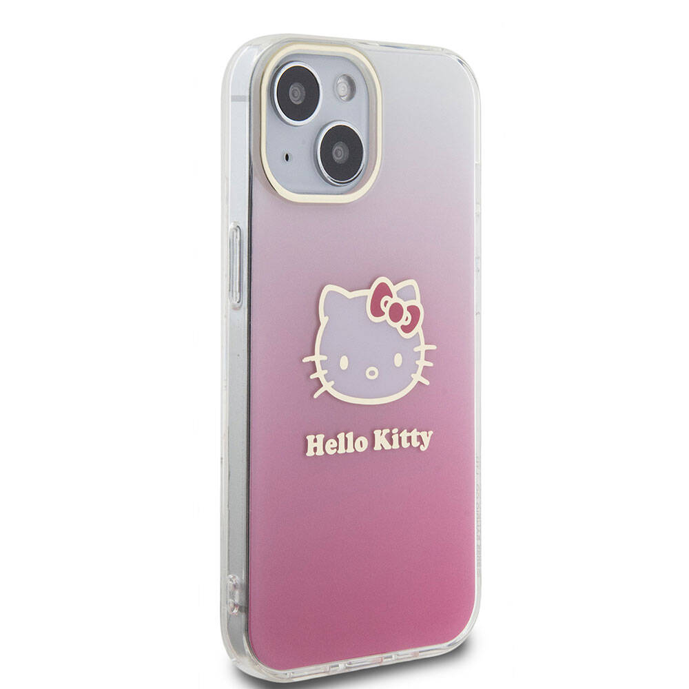iPhone 15 Kılıf Hello Kitty Orijinal Lisanslı Yazı ve İkonik Logolu Elektroplating Kaplama Gradyan Kılıf