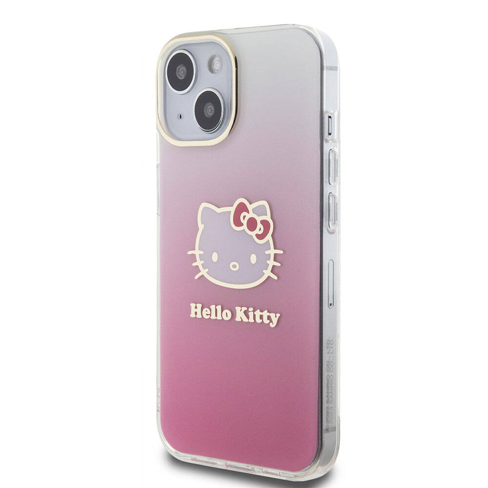 iPhone 15 Kılıf Hello Kitty orijinal Lisanslı Yazı ve İkonik Logolu Elektroplating Kaplama Gradyan Kılıf