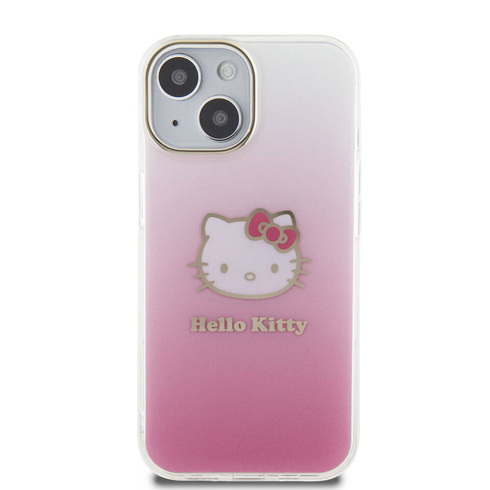 iPhone 15 Kılıf Hello Kitty orijinal Lisanslı Yazı ve İkonik Logolu Elektroplating Kaplama Gradyan Kılıf