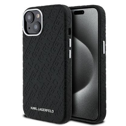 iPhone 15 Kılıf Karl Lagerfeld Orijinal Lisanslı PU Deri Damgalı Metal Yazı Logolu Kılıf
