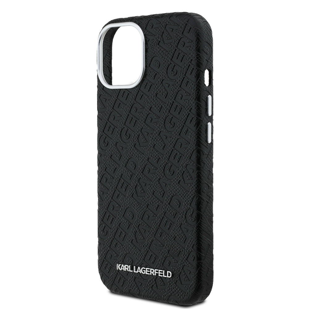 iPhone 15 Kılıf Karl Lagerfeld Orijinal Lisanslı PU Deri Damgalı Metal Yazı Logolu Kılıf
