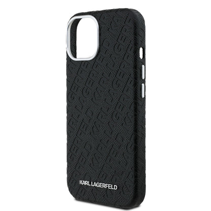 iPhone 15 Kılıf Karl Lagerfeld Orijinal Lisanslı PU Deri Damgalı Metal Yazı Logolu Kılıf