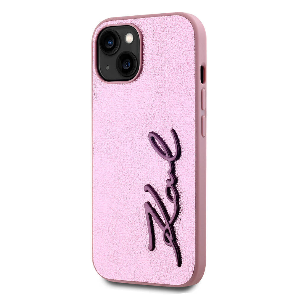 iPhone 15 Kılıf Karl Lagerfeld orijinal Lisanslı 3D KL Yazılı Tüylü Arka Yüzey Saffiano Rhinestones Kılıf