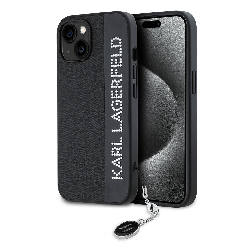 iPhone 15 Kılıf Karl Lagerfeld orijinal Lisanslı Anahtarlıklı Taşlı KL Yazılı Saffiano Rhinestones Kılıf