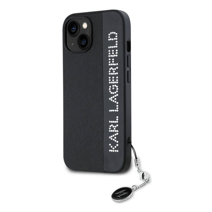 iPhone 15 Kılıf Karl Lagerfeld orijinal Lisanslı Anahtarlıklı Taşlı KL Yazılı Saffiano Rhinestones Kılıf