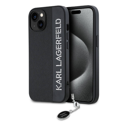 iPhone 15 Kılıf Karl Lagerfeld orijinal Lisanslı Anahtarlıklı Taşlı KL Yazılı Saffiano Rhinestones Kılıf