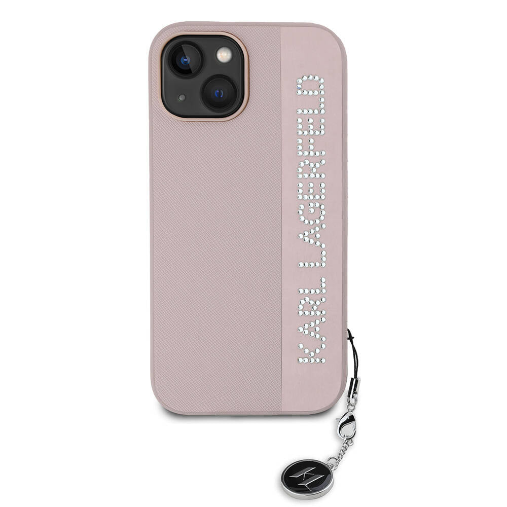iPhone 15 Kılıf Karl Lagerfeld orijinal Lisanslı Anahtarlıklı Taşlı KL Yazılı Saffiano Rhinestones Kılıf