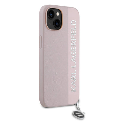 iPhone 15 Kılıf Karl Lagerfeld orijinal Lisanslı Anahtarlıklı Taşlı KL Yazılı Saffiano Rhinestones Kılıf