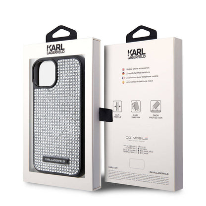 iPhone 15 Kılıf Karl Lagerfeld Taşlı Metal Logo Orijinal Lisanslı Kılıf