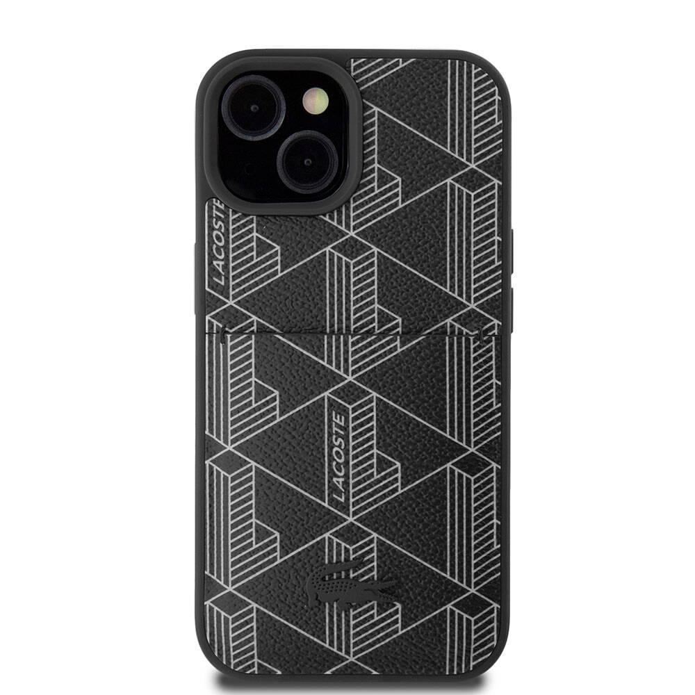 iPhone 15 Kılıf Lacoste Orijinal Lisanslı M-safe Şarj Özellikli PU Deri Görünümlü Kartlıklı Karışık Monogram Desenli Kılıf