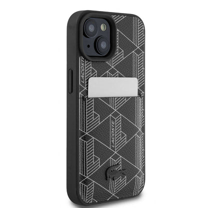 iPhone 15 Kılıf Lacoste Orijinal Lisanslı M-safe Şarj Özellikli PU Deri Görünümlü Kartlıklı Karışık Monogram Desenli Kılıf