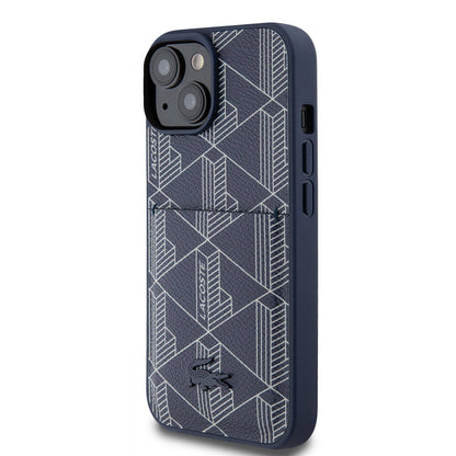 iPhone 15 Kılıf Lacoste Orijinal Lisanslı M-safe Şarj Özellikli PU Deri Görünümlü Kartlıklı Karışık Monogram Desenli Kılıf