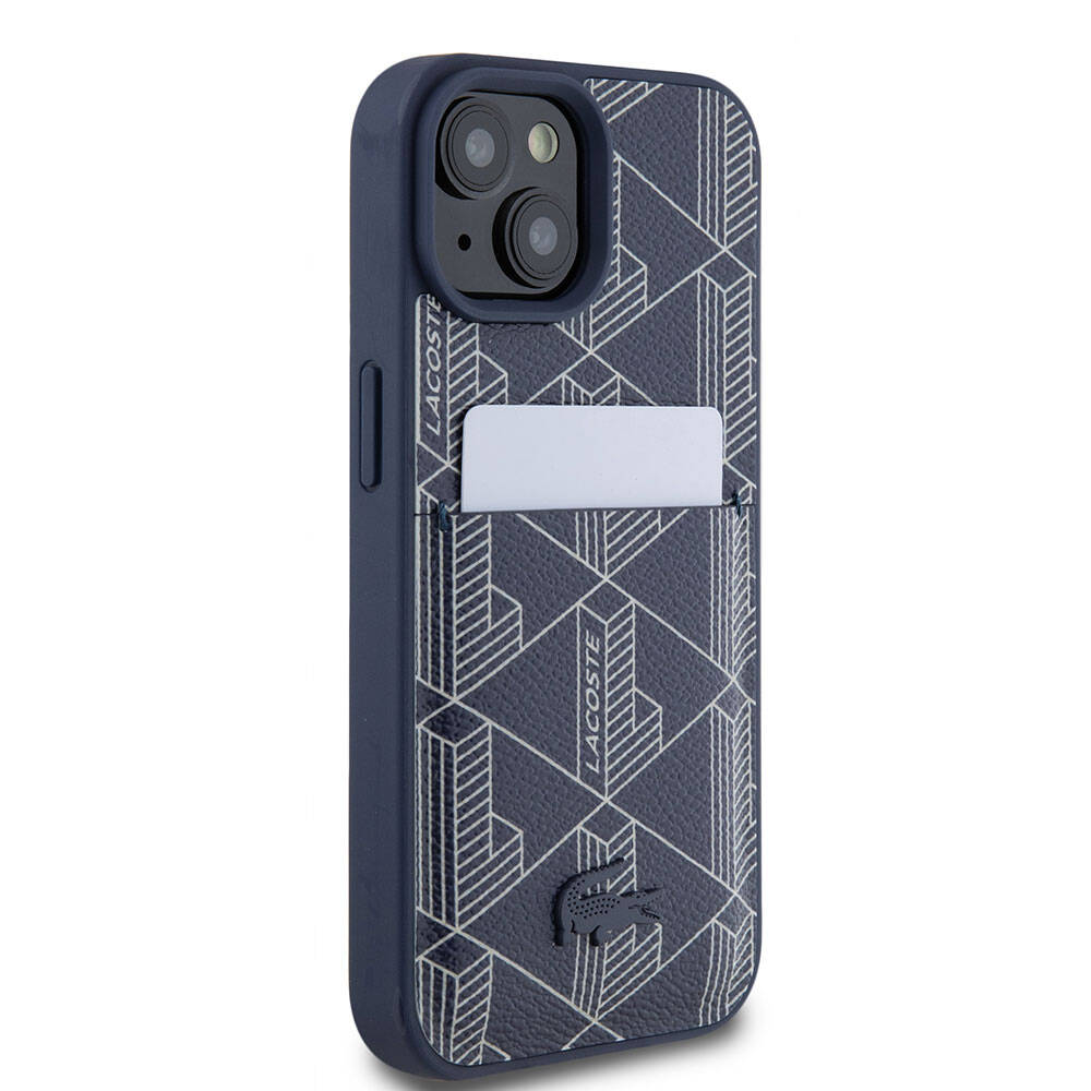 iPhone 15 Kılıf Lacoste Orijinal Lisanslı M-safe Şarj Özellikli PU Deri Görünümlü Kartlıklı Karışık Monogram Desenli Kılıf