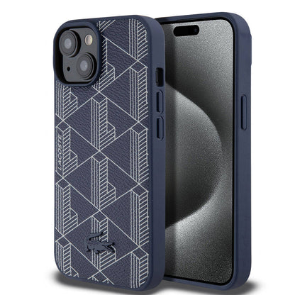 iPhone 15 Kılıf Lacoste orijinal Lisanslı M-safe Şarj Özellikli PU Deri Görünümlü Karışık Monogram Desenli Kılıf