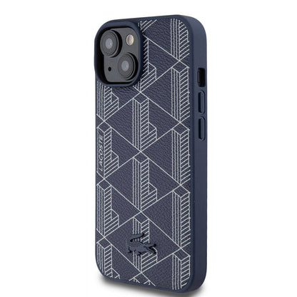 iPhone 15 Kılıf Lacoste orijinal Lisanslı M-safe Şarj Özellikli PU Deri Görünümlü Karışık Monogram Desenli Kılıf