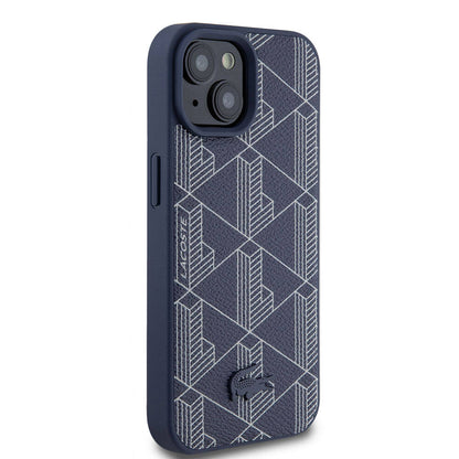 iPhone 15 Kılıf Lacoste orijinal Lisanslı M-safe Şarj Özellikli PU Deri Görünümlü Karışık Monogram Desenli Kılıf