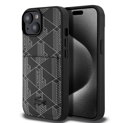 iPhone 15 Kılıf Lacoste orijinal Lisanslı M-safe Şarj Özellikli PU Deri Görünümlü Kartlıklı Karışık Monogram Desenli Kılıf