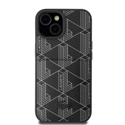 iPhone 15 Kılıf Lacoste orijinal Lisanslı M-safe Şarj Özellikli PU Deri Görünümlü Kartlıklı Karışık Monogram Desenli Kılıf