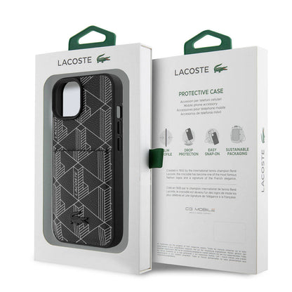 iPhone 15 Kılıf Lacoste orijinal Lisanslı M-safe Şarj Özellikli PU Deri Görünümlü Kartlıklı Karışık Monogram Desenli Kılıf