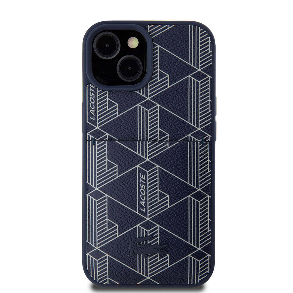 iPhone 15 Kılıf Lacoste orijinal Lisanslı M-safe Şarj Özellikli PU Deri Görünümlü Kartlıklı Karışık Monogram Desenli Kılıf