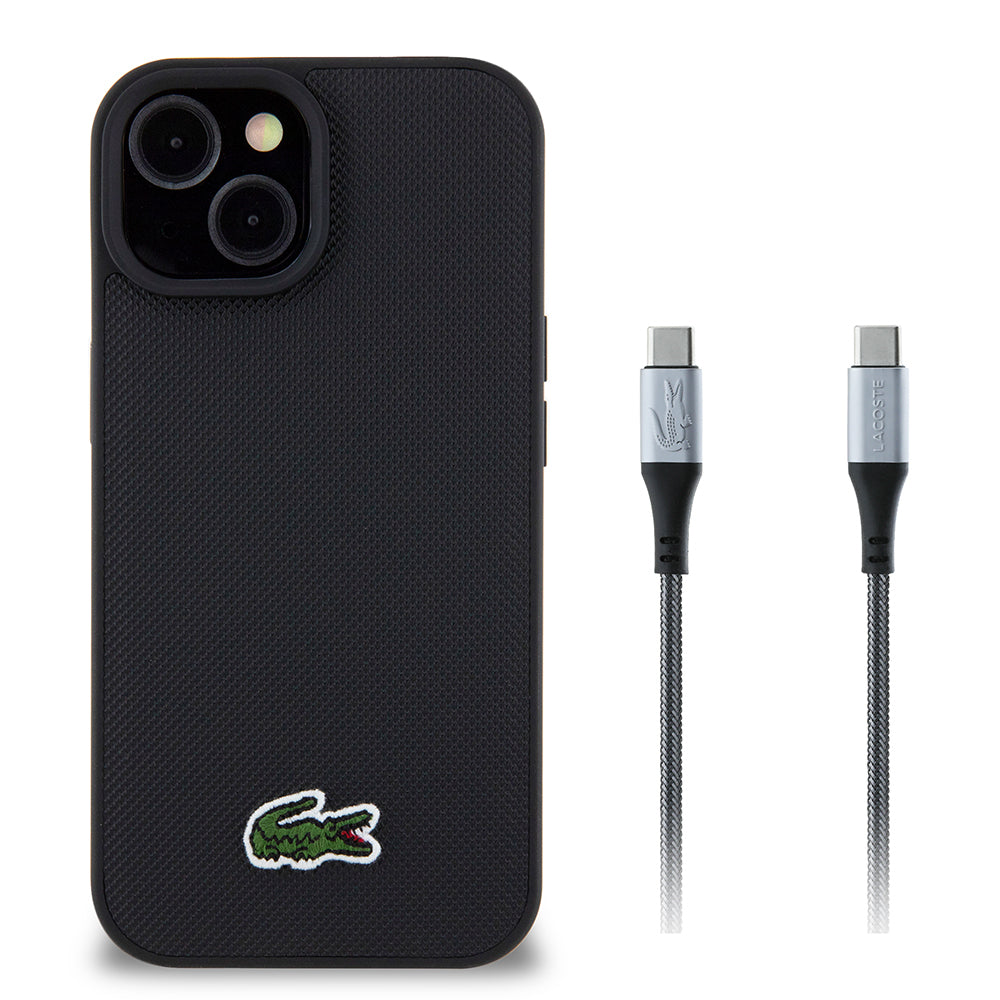 iPhone 15 Kılıf Lacoste orijinal Lisanslı PU Pike Desenli Arka Yüzey İkonik Timsah Dokuma Logolu Kılıf + Type-C Kablo 1.5m