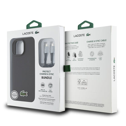 iPhone 15 Kılıf Lacoste orijinal Lisanslı PU Pike Desenli Arka Yüzey İkonik Timsah Dokuma Logolu Kılıf + Type-C Kablo 1.5m