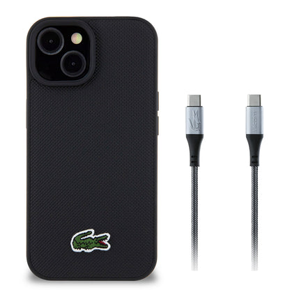 iPhone 15 Kılıf Lacoste orijinal Lisanslı PU Pike Desenli Arka Yüzey İkonik Timsah Dokuma Logolu Kılıf + Type-C Kablo 1.5m