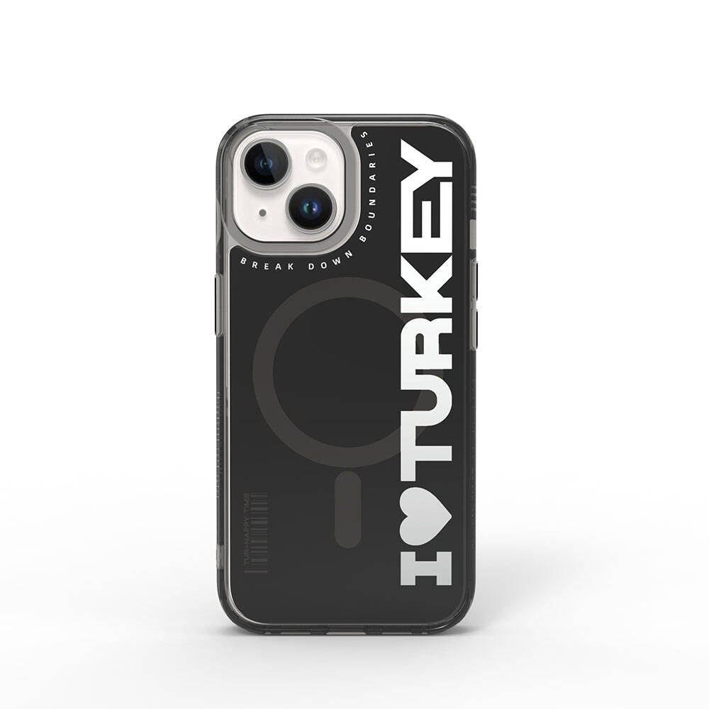 iPhone 15 Kılıf M-safe Şarj Özellikli I Love Turkey Yazı Desenli Wiwu Turkey E Serisi Kılıf