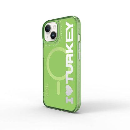 iPhone 15 Kılıf M-safe Şarj Özellikli I Love Turkey Yazı Desenli Wiwu Turkey E Serisi Kılıf