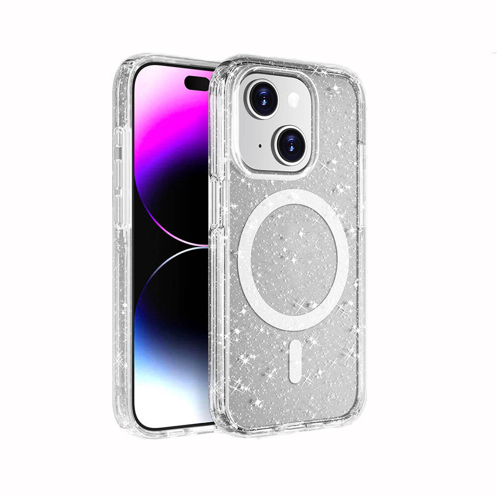 iPhone 15 Kılıf M-safe Şarj Özellikli Parlayan Simli Saydam Renkli Zore Allstar Kılıf