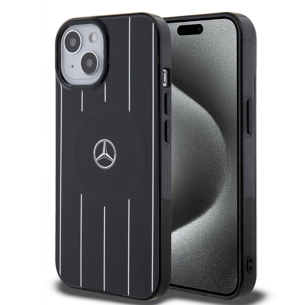 iPhone 15 Kılıf Mercedes Benz orijinal Lisanslı M-safe Şarj Özellikli Çift Katmanlı Paralel Çizgi Desenli Kılıf