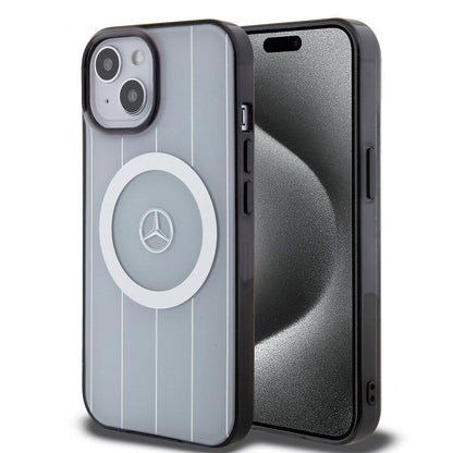 iPhone 15 Kılıf Mercedes Benz orijinal Lisanslı M-safe Şarj Özellikli Çift Katmanlı Paralel Çizgi Desenli Kılıf