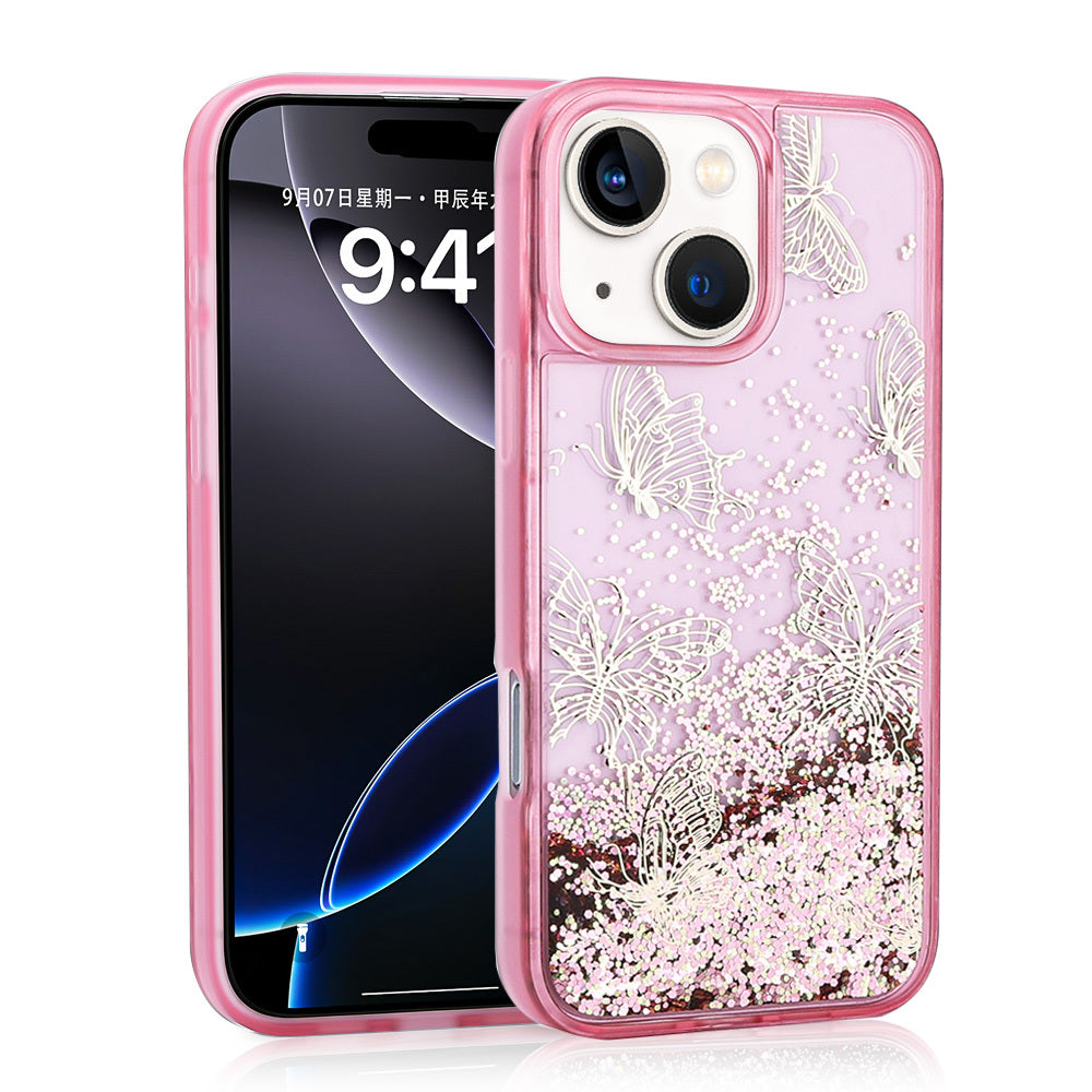 iPhone 15 Kılıf Sıvılı Simli Kelebek Baskılı Şeffaf Arka Yüzey Zore Glis Silikon Kılıf