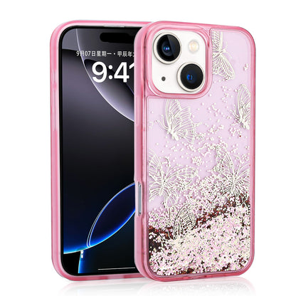iPhone 15 Kılıf Sıvılı Simli Kelebek Baskılı Şeffaf Arka Yüzey Zore Glis Silikon Kılıf