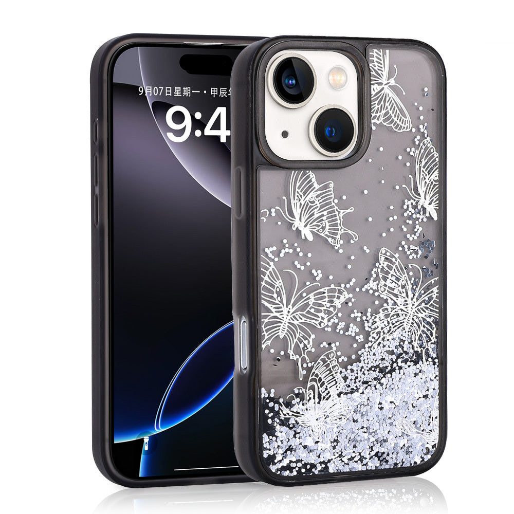 iPhone 15 Kılıf Sıvılı Simli Kelebek Baskılı Şeffaf Arka Yüzey Zore Glis Silikon Kılıf