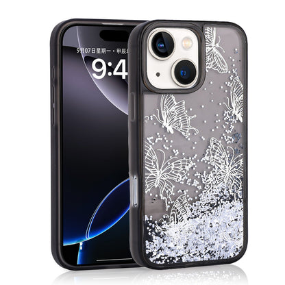 iPhone 15 Kılıf Sıvılı Simli Kelebek Baskılı Şeffaf Arka Yüzey Zore Glis Silikon Kılıf