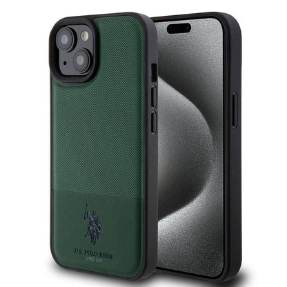 iPhone 15 Kılıf U.S. Polo Assn. Orijinal Lisanslı Suni Deri Arka Yüzey Baskı Logolu Örgü Desenli Kılıf
