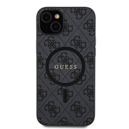 iPhone 15 Plus Guess Orijinal Lisanslı M-safe Şarj Özellikli PU Halkalı 4G Desenli Yazı Logolu Kılıf