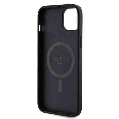iPhone 15 Plus Guess Orijinal Lisanslı M-safe Şarj Özellikli PU Halkalı 4G Desenli Yazı Logolu Kılıf