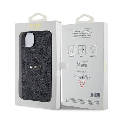 iPhone 15 Plus Guess Orijinal Lisanslı M-safe Şarj Özellikli PU Halkalı 4G Desenli Yazı Logolu Kılıf