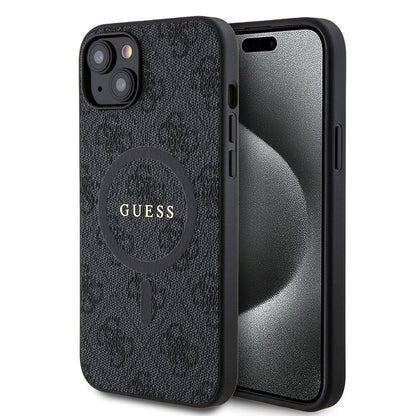 iPhone 15 Plus Guess Orijinal Lisanslı M-safe Şarj Özellikli PU Halkalı 4G Desenli Yazı Logolu Kılıf
