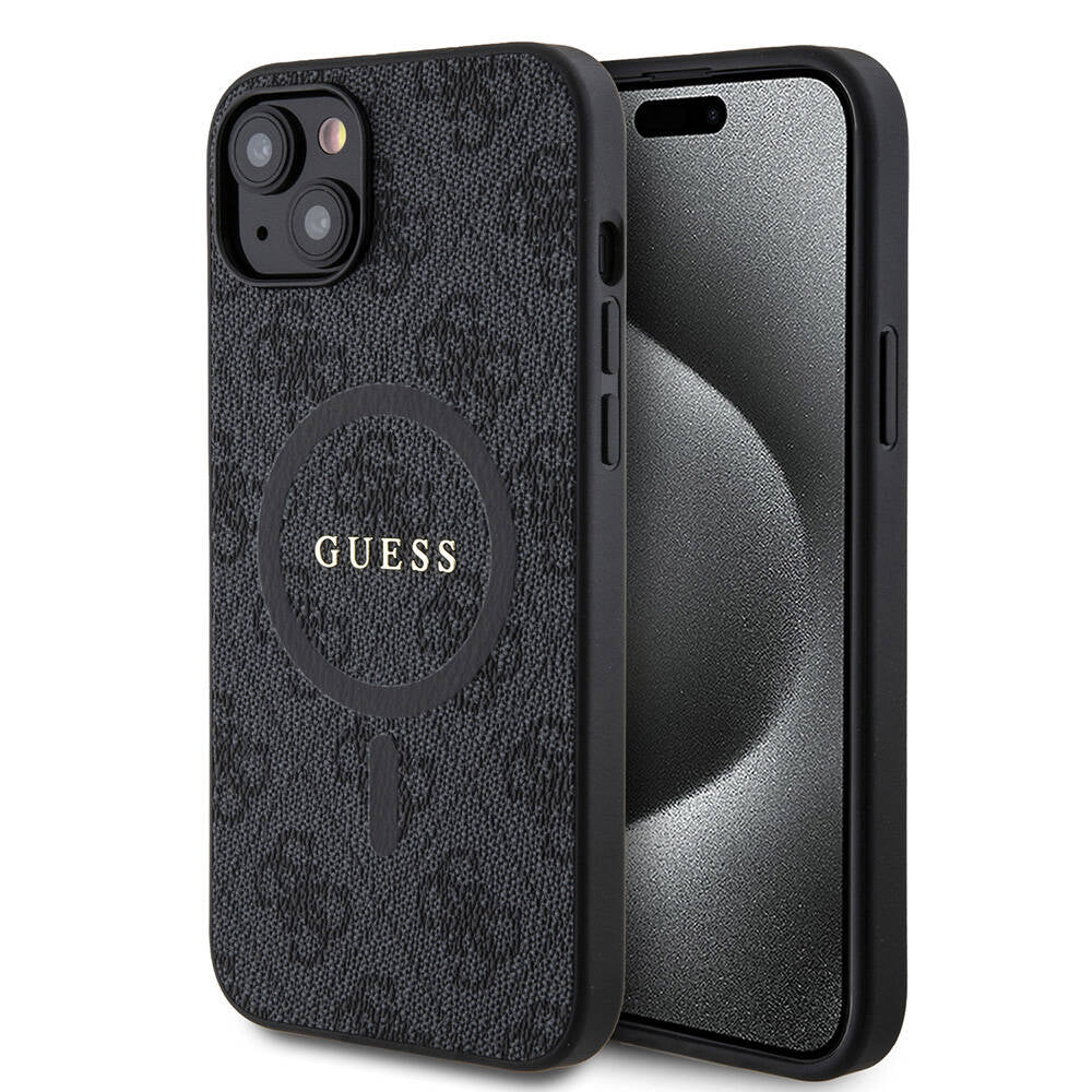 iPhone 15 Plus Guess Orijinal Lisanslı M-safe Şarj Özellikli PU Halkalı 4G Desenli Yazı Logolu Kılıf