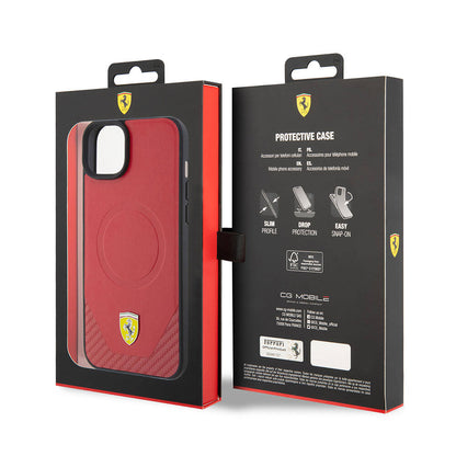 iPhone 15 Plus Kılıf Ferrari Orijinal Lisanslı M-safe Şarj Özellikli Metal Logolu PU Karbon Kılıf